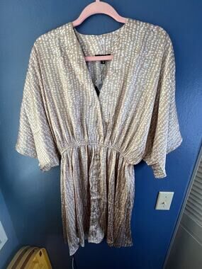 Mittoshop tan white pattern mini dress tunic dolman sleeve Medium NWT